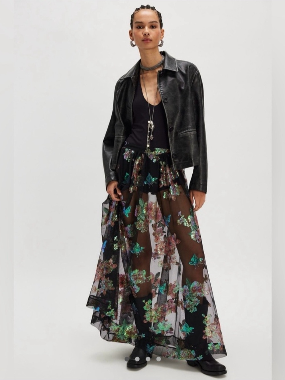Free People Florituta Sheer Maxi Skirt with Sequin Floral Embroidery Size 6 NWT